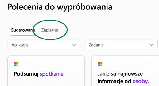 Biblioteka poleceń aplikacji Copilot Lab z wyróżnioną kartą Zapisane polecenia.