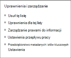 Uprawnienia listy i linki ustawień zarządzania