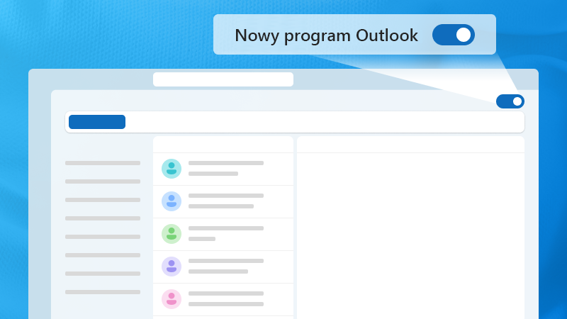 Ilustracja przedstawiająca okna programu Outlook z wyróżnionym przełącznikiem nowej wersji programu Outlook
