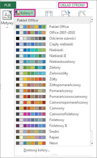 Galeria kolorów motywu otwarta przy użyciu przycisku Kolory na karcie Układ strony