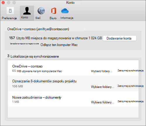 Zrzut ekranu przedstawiający kartę Konto w kliencie synchronizacja usługi OneDrive dla komputerów Mac