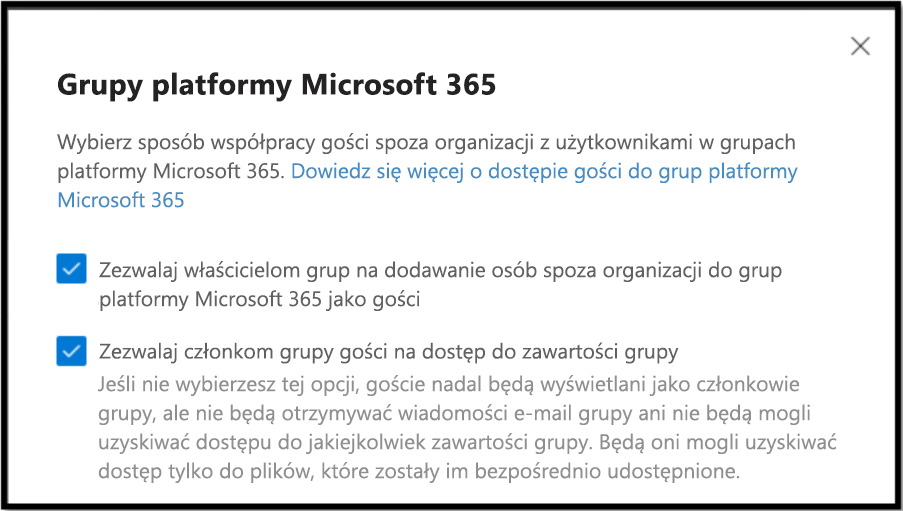 wybieranie sposobu współpracy gościa spoza organizacji z użytkownikami w grupach platformy Microsoft 365