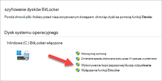 Aplikacja Zarządzaj szyfrowaniem funkcją BitLocker ze strzałką wskazującą opcję tworzenia kopii zapasowej klucza odzyskiwania funkcji BitLocker.