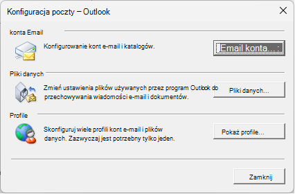 Okno dialogowe Konfiguracja poczty — Outlook dostępne za pośrednictwem ustawień poczty w Panel sterowania.