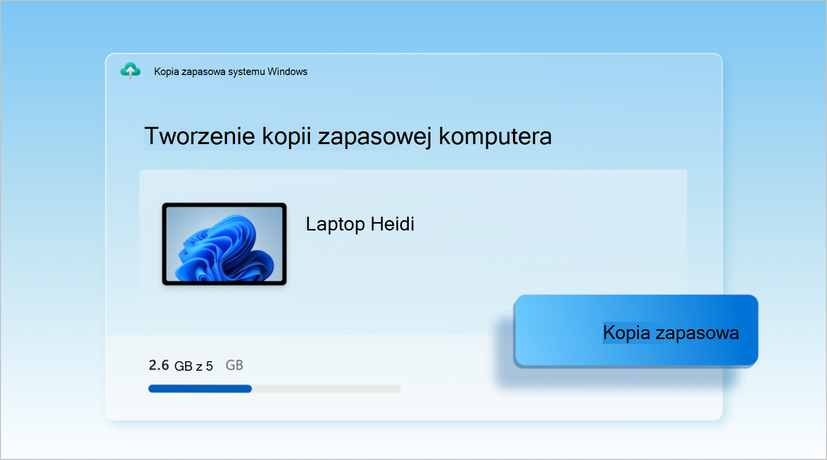Zrzut ekranu przedstawiający Kopia zapasowa systemu Windows używane do tworzenia kopii zapasowej laptopa.