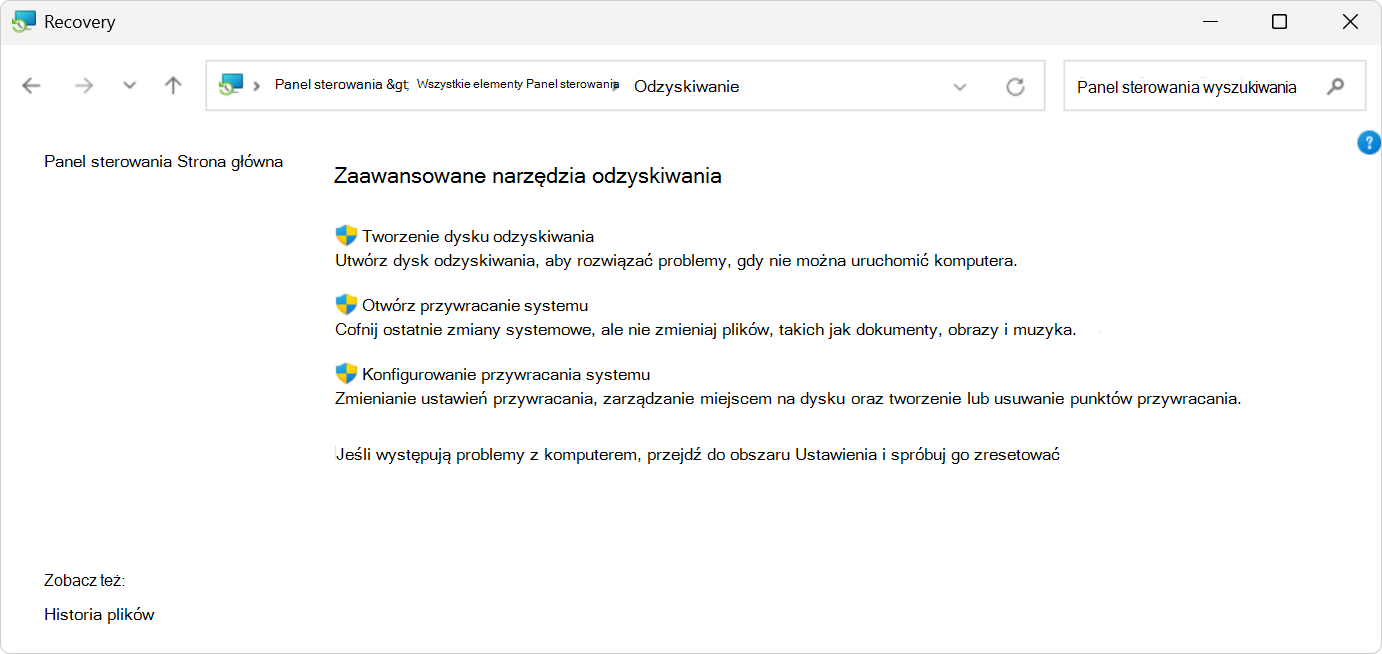 Zrzut ekranu przedstawiający opcje odzyskiwania w Panel sterowania.