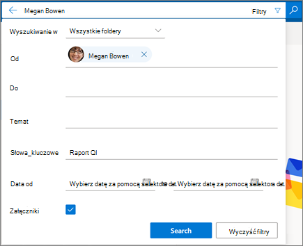 Filtry wyszukiwania w aplikacji Outlook w sieci Web