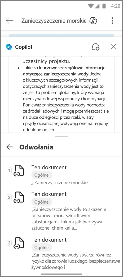 Zrzut ekranu funkcji Copilot w programie Word na urządzeniu z systemem Android z referencjami dla odpowiedzi funkcji Copilot