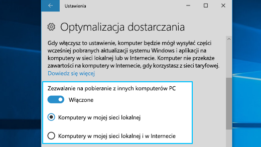 Ustawienia Optymalizacji dostarczania w systemie Windows 10