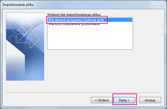 Wybierz opcję importowania pliku danych programu Outlook (pst)