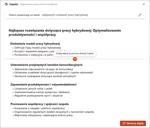 Zrzut ekranu przedstawiający funkcję Dodaj więcej za pomocą funkcji Copilot w rozwiązaniu PowerPoint Copilot.