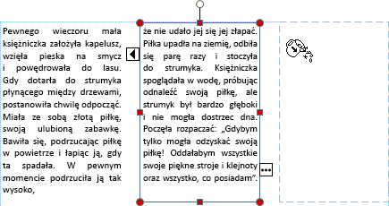 Zrzut ekranu przedstawiający pole tekstowe z nie mieszczącym się tekstem, który jest przygotowany do przeniesienia do następnego pola tekstowego.