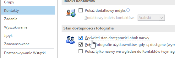 karta Osoby w oknie dialogowym Opcje z wyróżnioną pozycją Wyświetl stan online