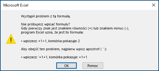 Obraz okna dialogowego „Wystąpił problem z tą formułą” w programie Excel