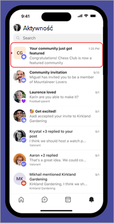 Zrzut ekranu przedstawiający komunikat w aplikacji na urządzeniu przenośnym z powiadomieniem właściciela społeczności za pośrednictwem bezpłatnego kanału aktywności w aplikacji Microsoft Teams, że jego społeczność jest teraz polecaną społecznością.