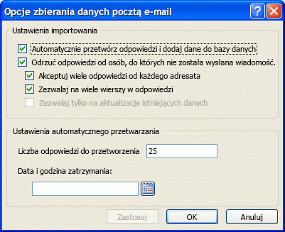 Okno dialogowe Opcje zbierania danych pocztą e-mail