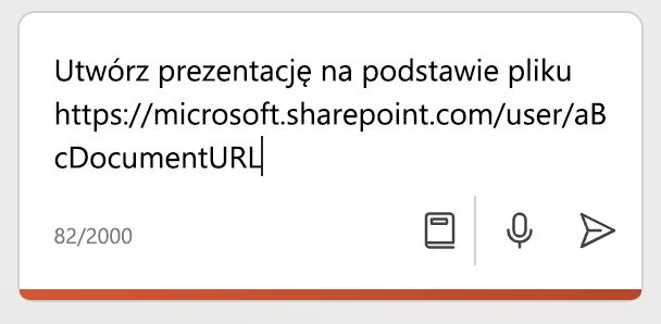 Adres URL dokumentu programu Word wklejony do okienka rozwiązania Copilot w programie PowerPoint