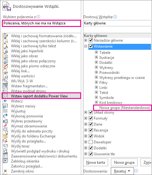 Okno dostosowywania wstążek w programie Excel