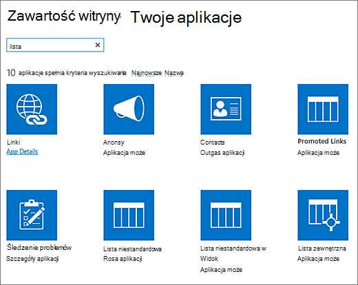 Aplikacje listy na stronie Zawartość witryny