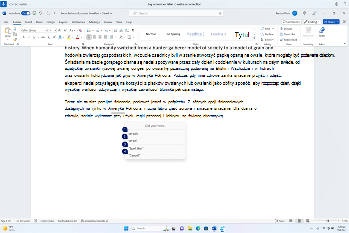 Dokument programu Word przedstawiający okno korekty z kandydatami do tekstu "zboża".