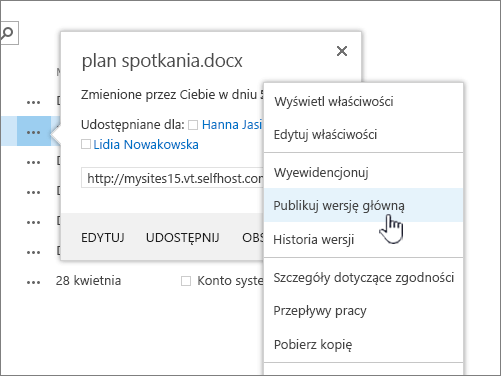 Kliknij pozycję Publikuj wersję główną