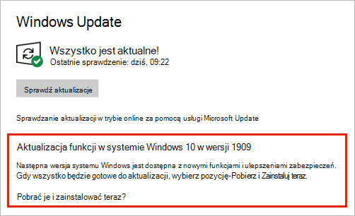 Windows z położeniem aktualizacji funkcji