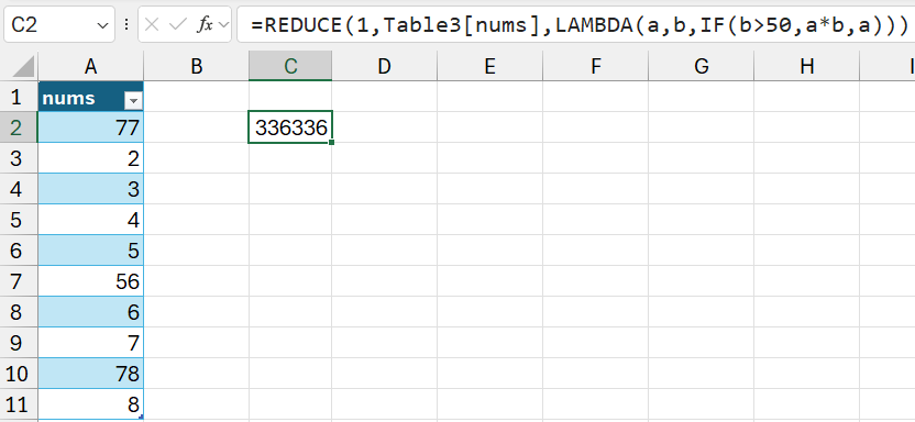 Przykład funkcji REDUCE LAMBDA
