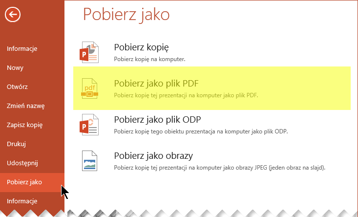 Wybierz pozycję Plik > Pobierz jako > Pobierz jako plik PDF
