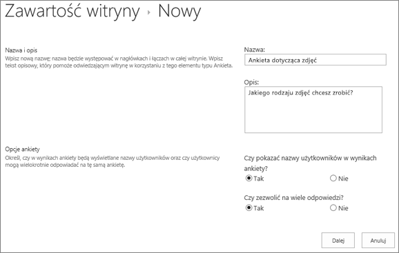 Okno dialogowe Nowa ankieta z wypełnionymi polami tekstowymi.