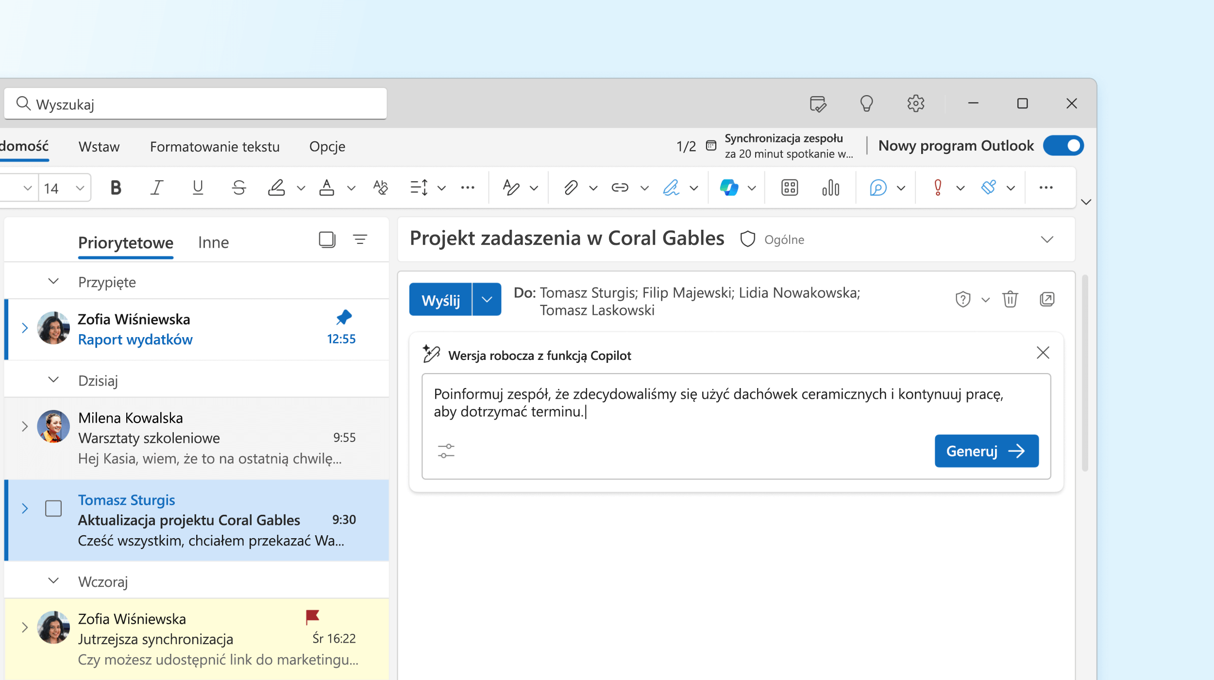 Zrzut ekranu pokazuje funkcję Copilot w programie Outlook podczas tworzenia wiadomości e-mail.