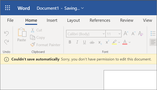 Zrzut ekranu przedstawiający błąd Nie można zapisać automatycznie podczas edytowania dokumentu w programie Word