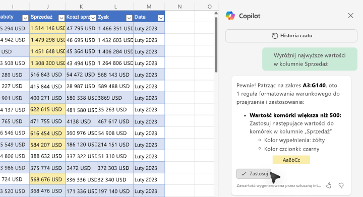 Zrzut ekranu przedstawiający sposób wyróżniania wartości przy użyciu funkcji Copilot w programie Excel.