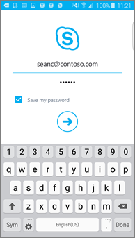 obraz ekranu logowania programu Skype dla firm na telefonie z systemem Android