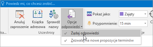 Zrzut ekranu przedstawiający przycisk Żądaj odpowiedzi w programie Outlook 2016 dla systemu Windows