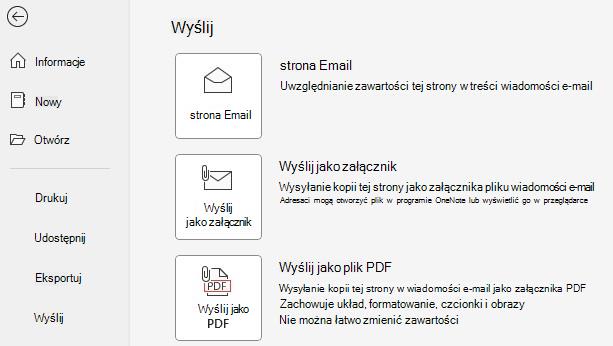 Zrzut ekranu przedstawiający przyciski Wyślij jako załącznik i Wyślij jako plik PDF.