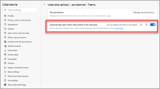 Wyłączanie kontekstu czatu w aplikacji Teams na stronie ustawień paska bocznego przeglądarki Microsoft Edge.