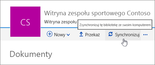 Nagłówek biblioteki dokumentów z zaznaczoną pozycją Synchronizuj