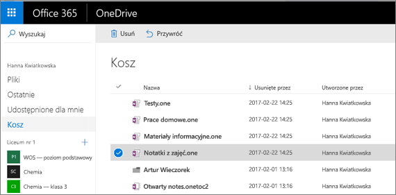 Kosz usługi OneDrive z listą stron notesu.