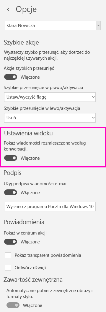 Wyłączanie widoku konwersacji w aplikacji Poczta dla systemu Windows 10