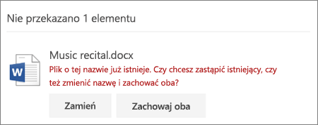 Błąd „Nazwa pliku już istnieje” w internetowym interfejsie użytkownika usługi OneDrive