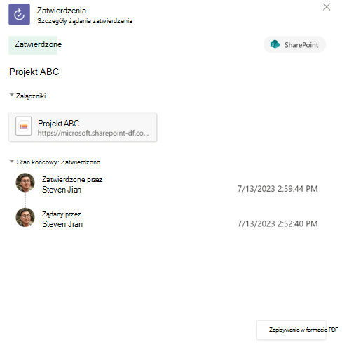 Zrzut ekranu przedstawiający historię zatwierdzania elementów list w aplikacji.