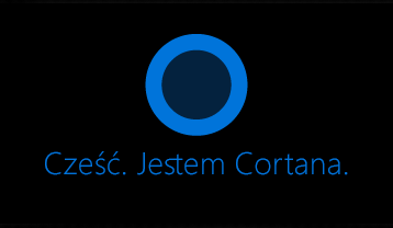 Logo Cortana i wyrazy „Witaj! Jestem Cortana.”