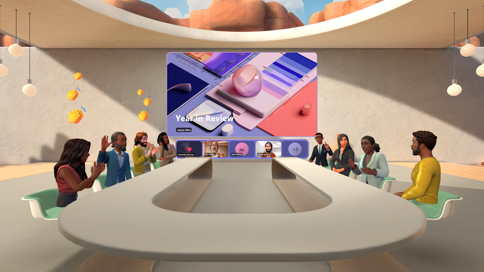 Obraz przedstawiający osoby prowadzące spotkanie w aplikacji Teams w przestrzeni immersyjnej.