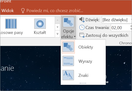 Pokazuje opcje efektów przejścia dla przejścia Płynna zmiana w programie PowerPoint 2016