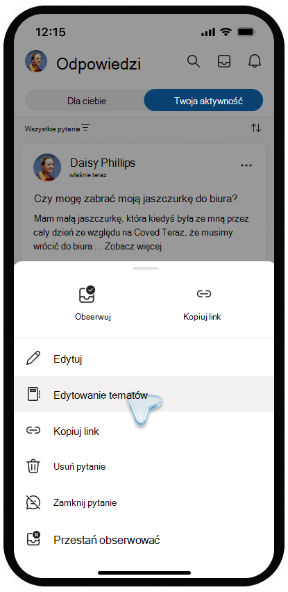 Zrzut ekranu przedstawiający menu edytowania tematów w Viva Engage na urządzeniu przenośnym.
