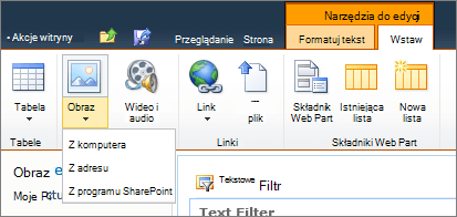 Kliknij przycisk obraz na Wstążce, a następnie wybierz pozycję z komputera, adresu lub programu SharePoint.