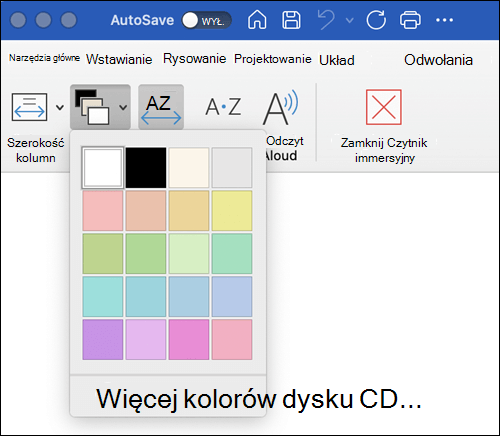 Opcje kolorów strony wyświetlane dla czytnika immersyjnego w programie Word dla komputerów Mac