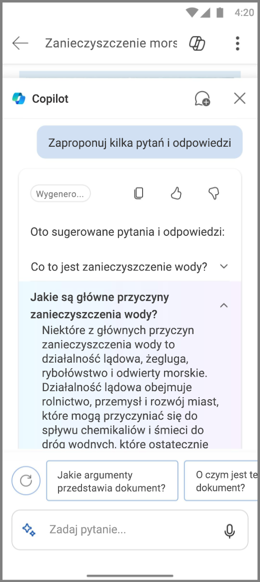 Zrzut ekranu funkcji Copilot w programie Word na urządzeniu z systemem Android z sugerowaną odpowiedzią z sekcji Pytania i odpowiedzi