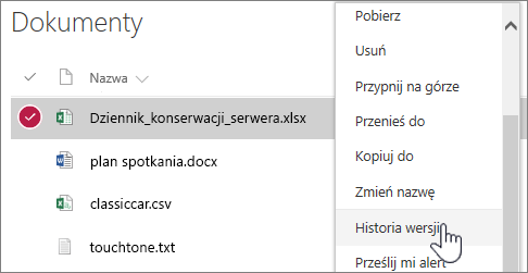 Kliknięcie prawym przyciskiem myszy menu biblioteki dokumentów z wyróżnioną pozycją Historia wersji
