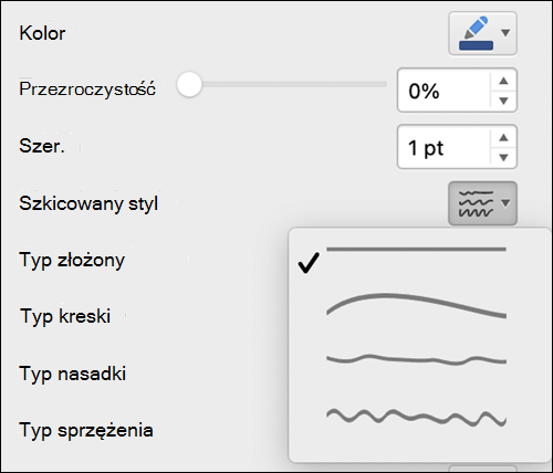 Opcje formatowania linii na komputerze Mac z wybranym stylem Szkicowane
